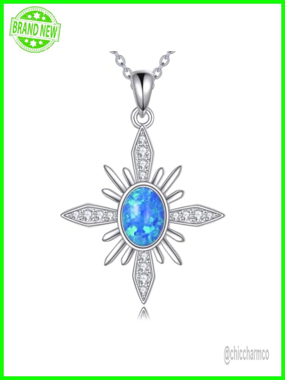 925 Sterling Silver Blue Opal North Star Pendant Necklace Moissanite